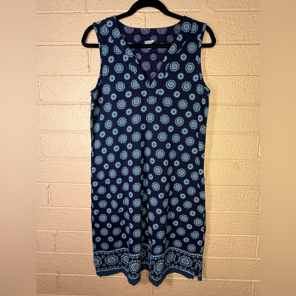 Lands' End Navy Floral Sleeveless Dress